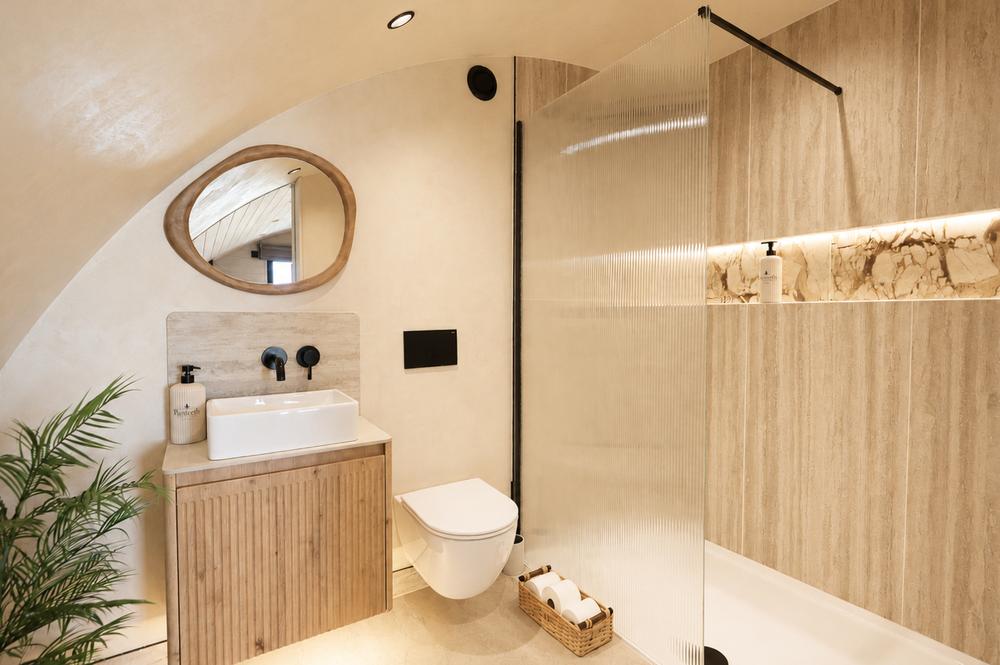 The bathroom in full — walk-in shower, vanity and WC